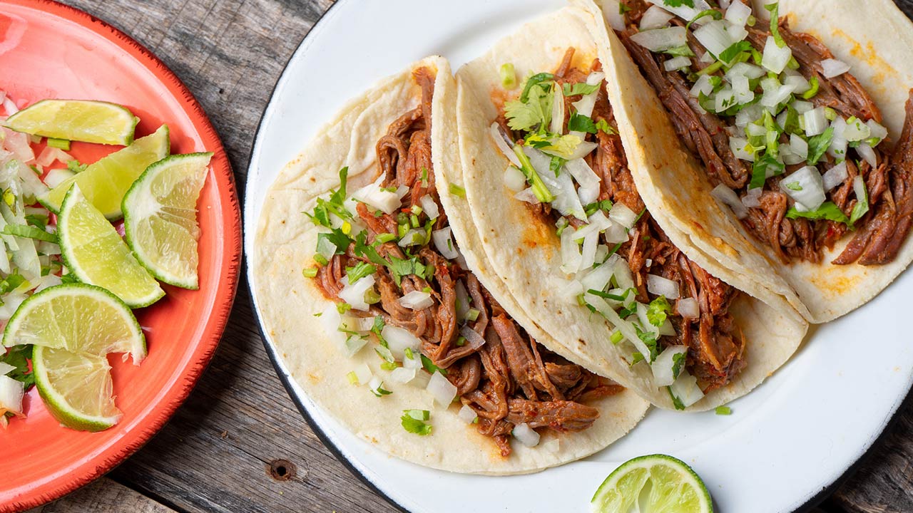 Traditional Mexican beef barbacoa tacos