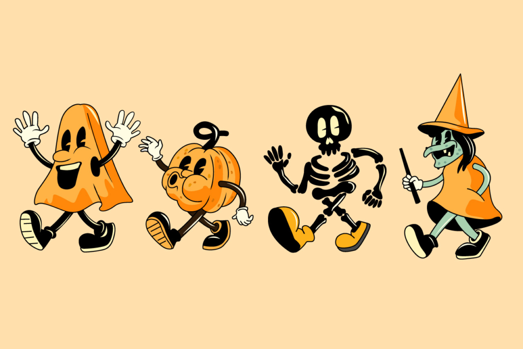 Vector illustration of A collection of vintage style halloween characters including a ghost, pumpkin and witch