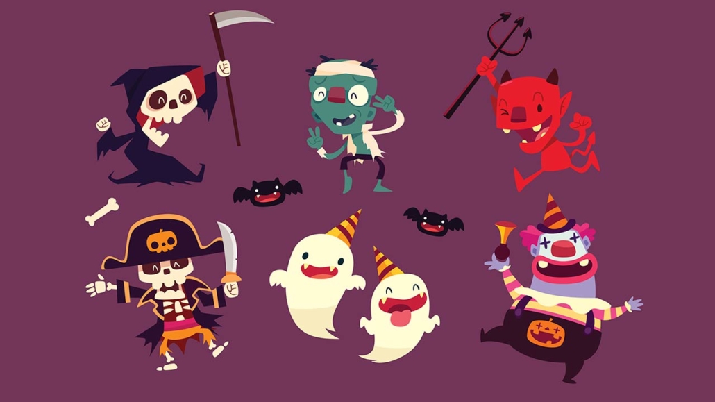 Set of halloween characters doing funny dance in party
