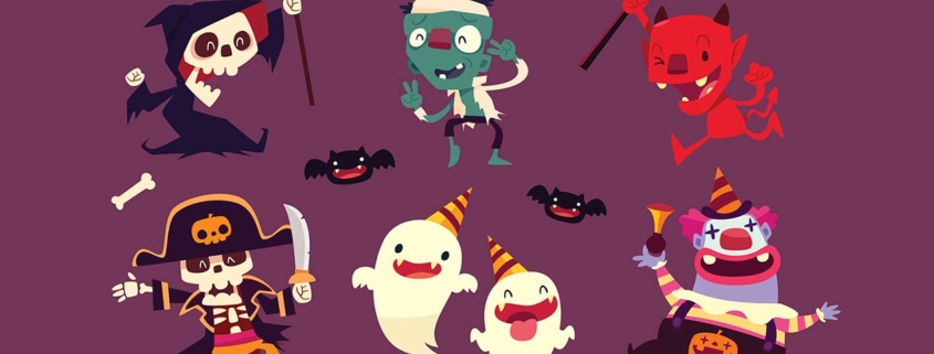 Set of halloween characters doing funny dance in party
