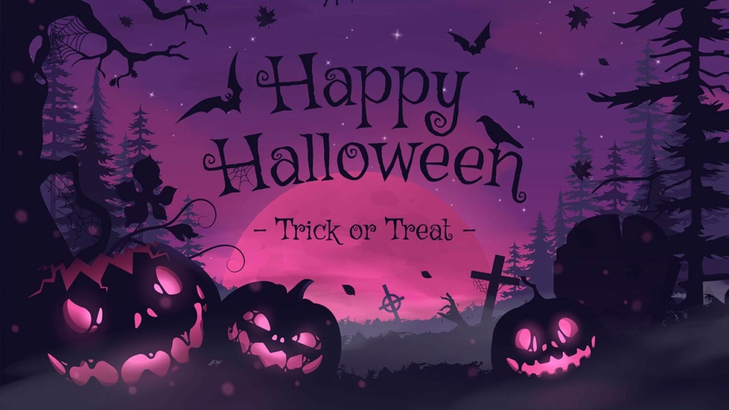 Happy Halloween graphic with violet fog clouds, bats, and pumpkins
