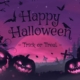 Happy Halloween graphic with violet fog clouds, bats, and pumpkins