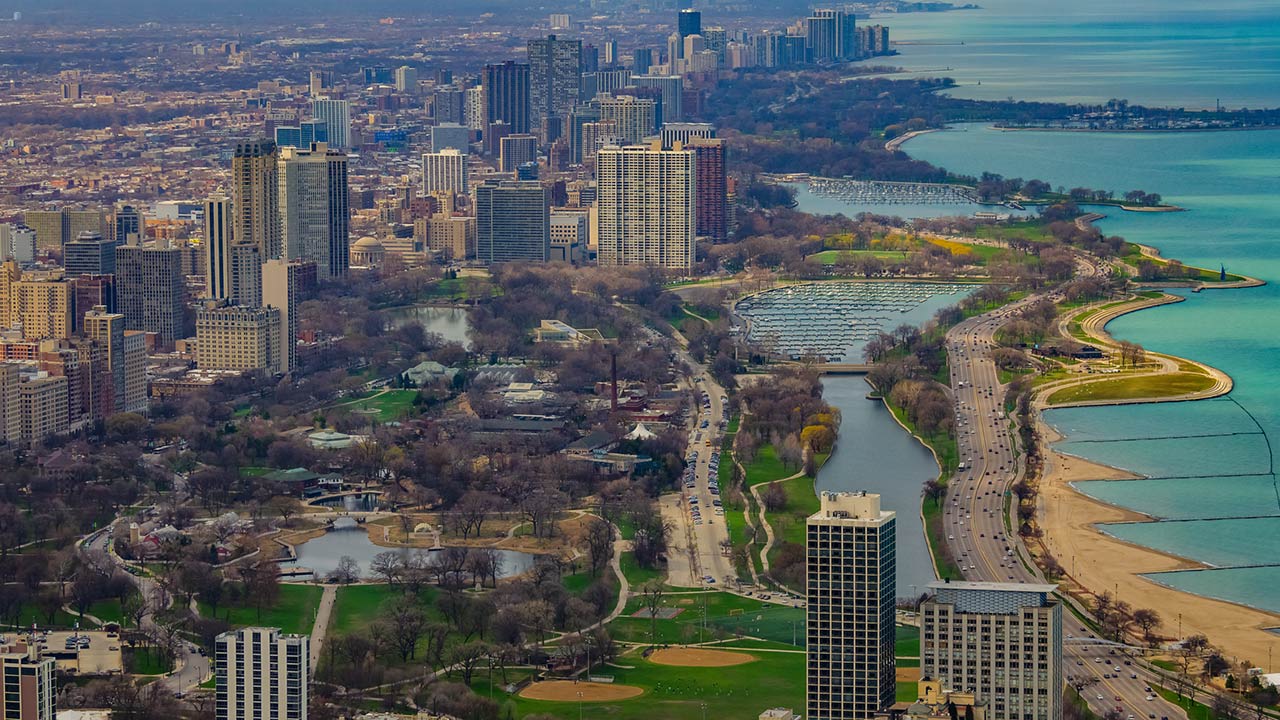 City skyline from 360 Chicago observation deck