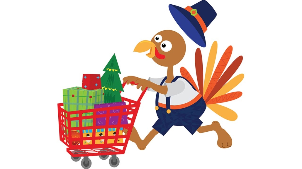 Graphic of a turkey wearing pilgrim clothes pushing a shopping cart full of presents