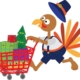 Graphic of a turkey wearing pilgrim clothes pushing a shopping cart full of presents