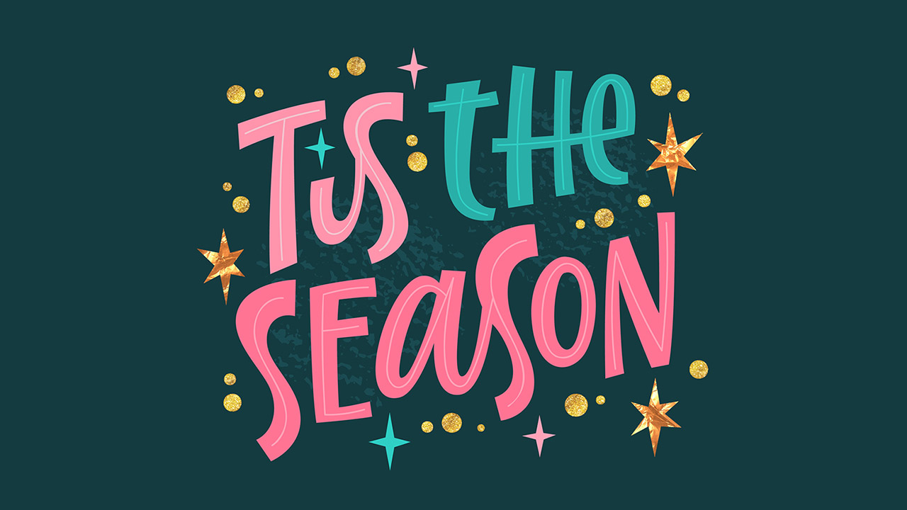 Tis the season, calligraphy style hand lettering design in trendy pink, cold green, gold colors