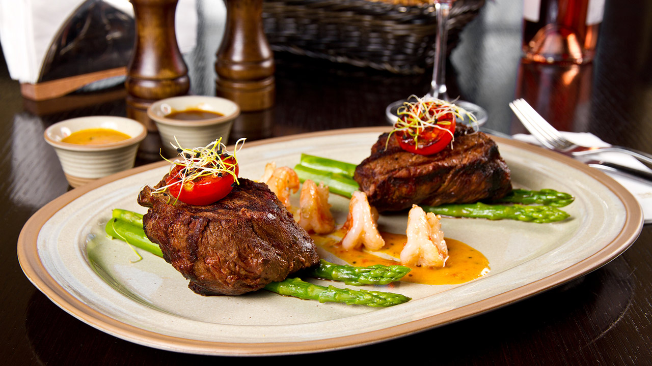 Beef steak and shrimp with grilled vegetables