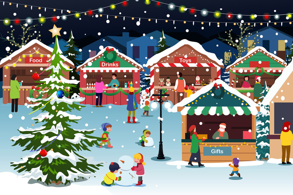 A vector illustration of Christmas Holiday Season Farmers Market Bazaar