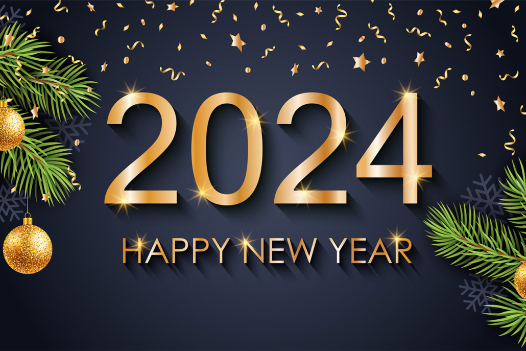 2024 Happy New Year graphic with gold decorations