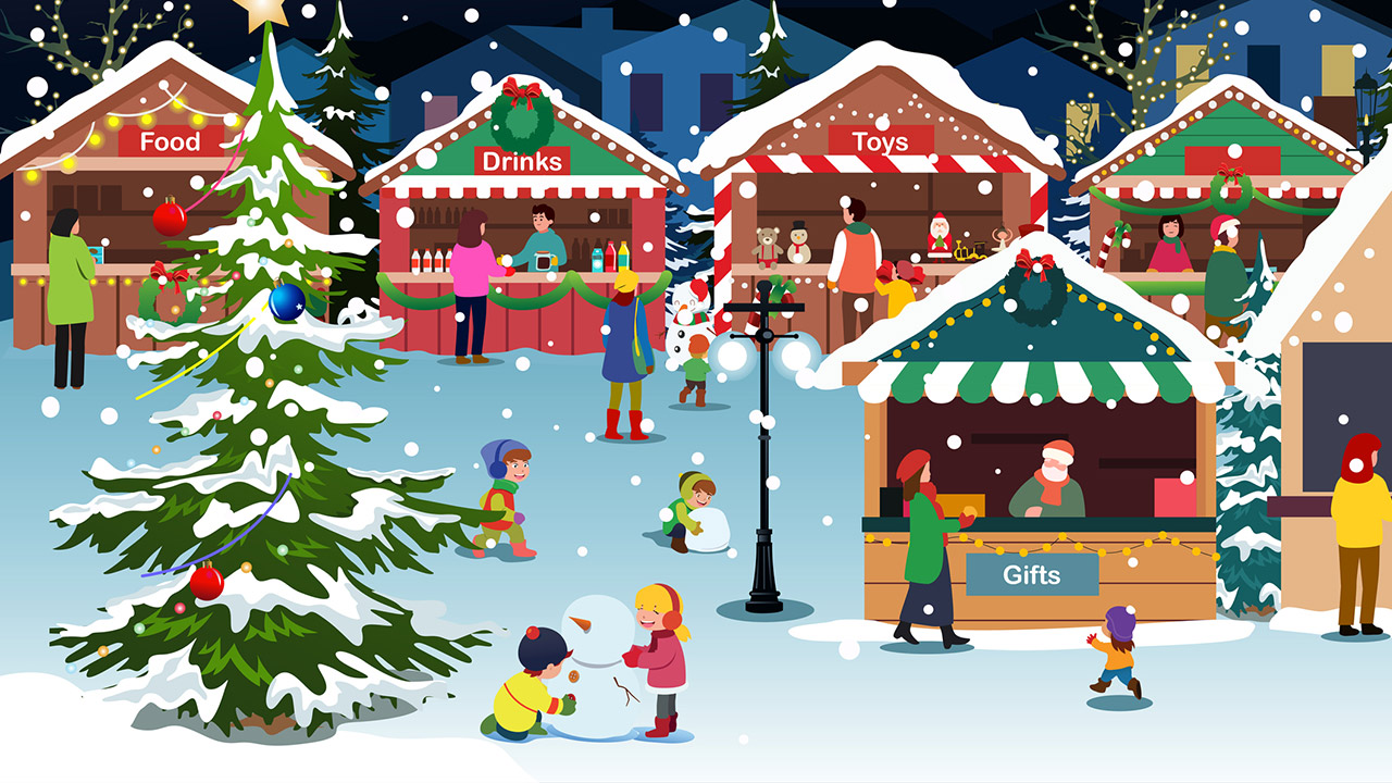 A vector illustration of Christmas Holiday Season Farmers Market Bazaar