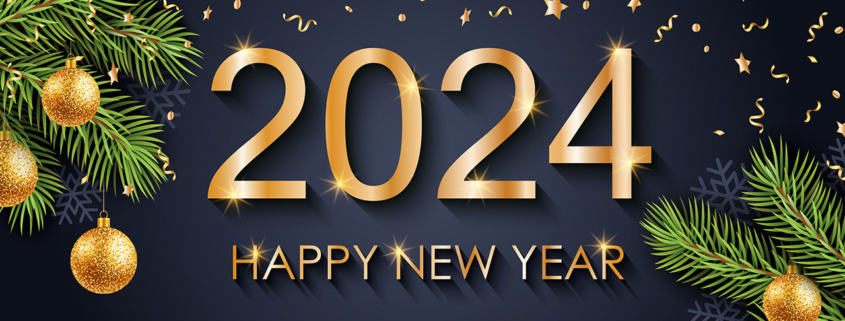 2024 Happy New Year graphic with gold decorations