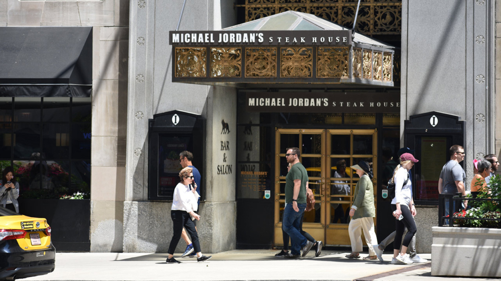 Michael Jordan's Steak House restaurant exterior logo sign on building in Downtown Chicago