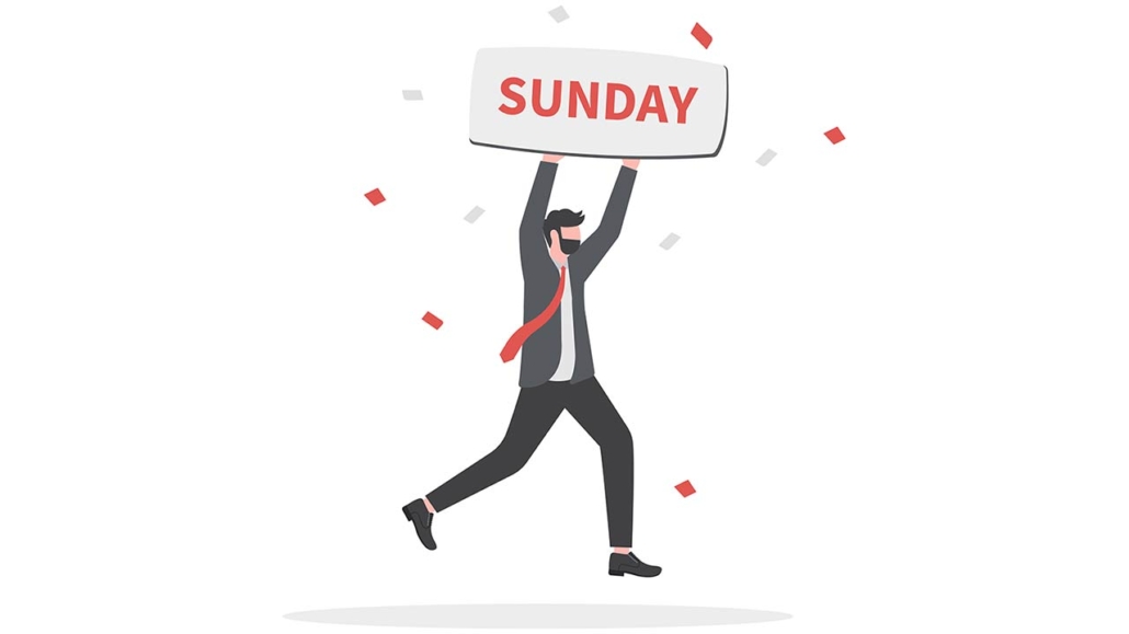 Graphic of a happy businessman jumping while holding sunday sign