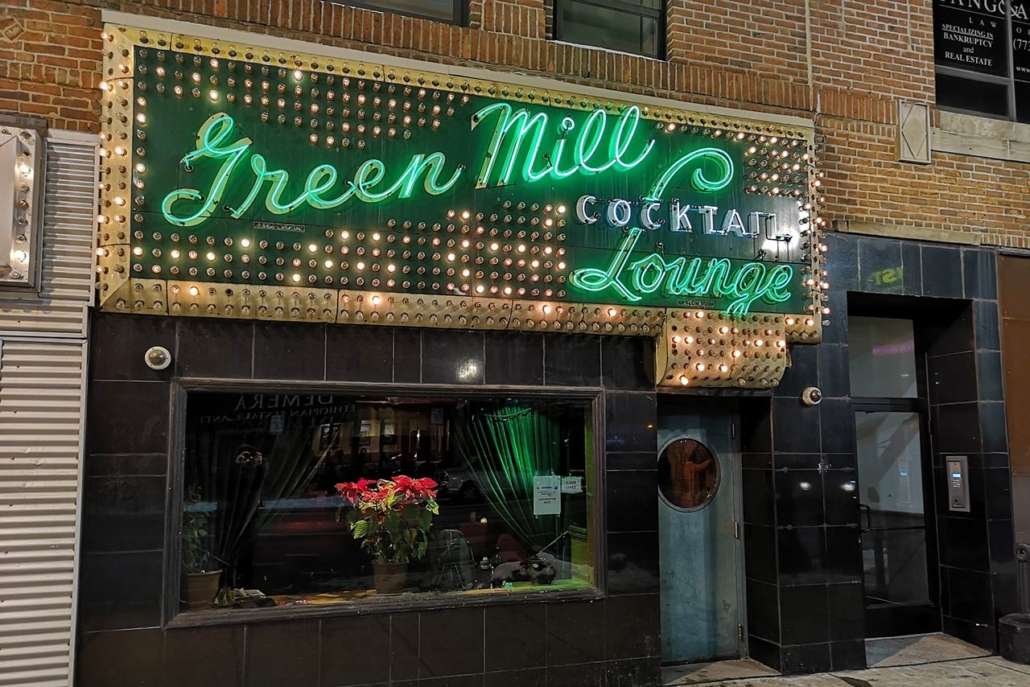 The Green Mill cocktail lounge and jazz club with neon signage