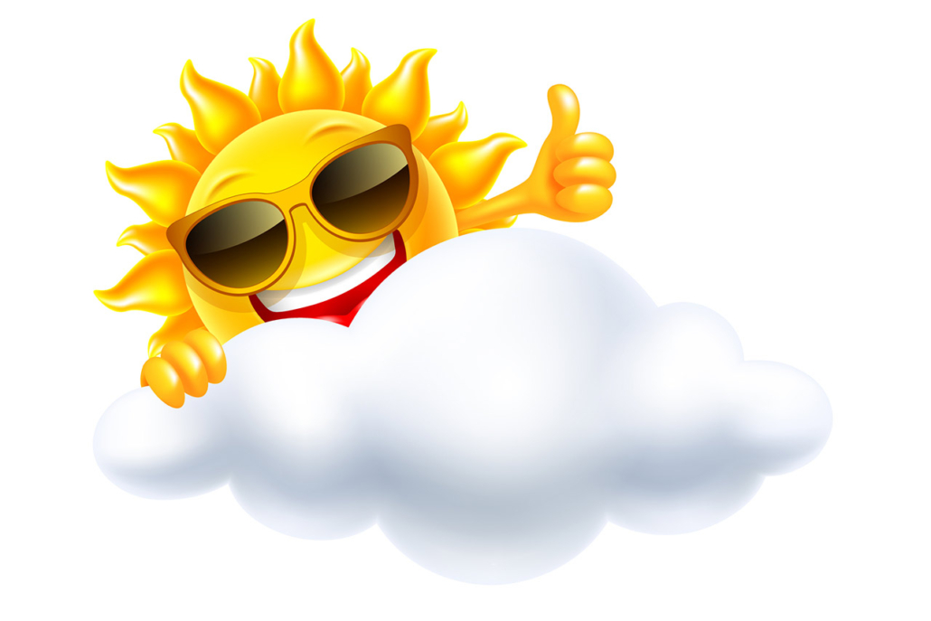 Cheerful sun in sunglasses smiling, peeps out from behind the cloud and shows thumbs up