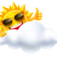 Cheerful sun in sunglasses smiling, peeps out from behind the cloud and shows thumbs up