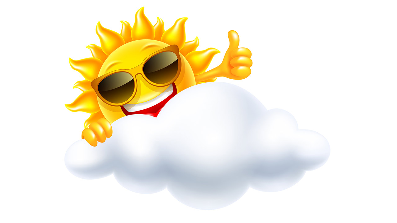 Cheerful sun in sunglasses smiling, peeps out from behind the cloud and shows thumbs up