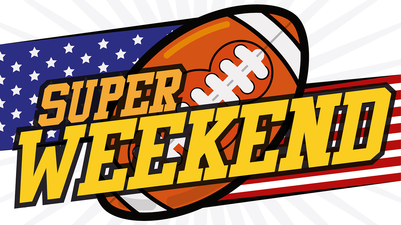 Gridiron football ball with Super Weekend lettering and american flag