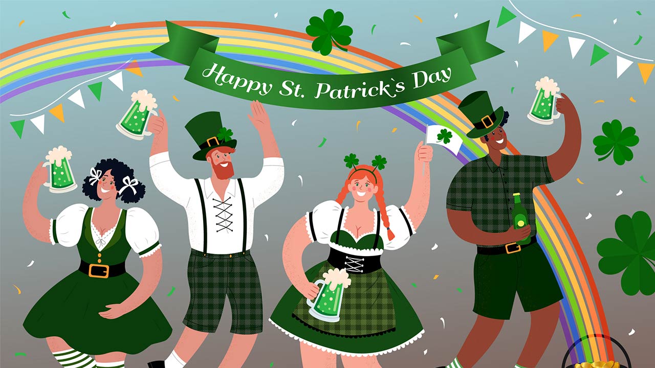 Happy St. Patrick Day vector illustration with people having fun
