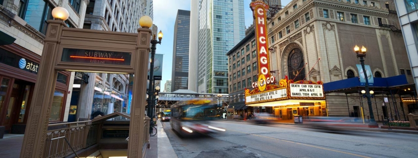 photo of the chicago theatre in the loop area of chicago