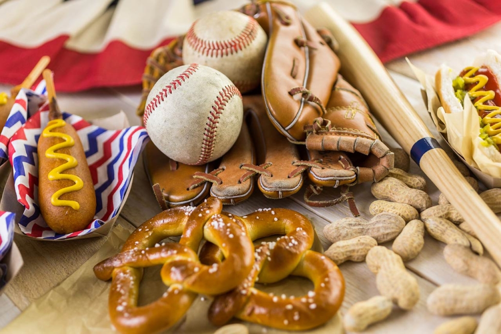 baseball party food with balls and glove on a wood table