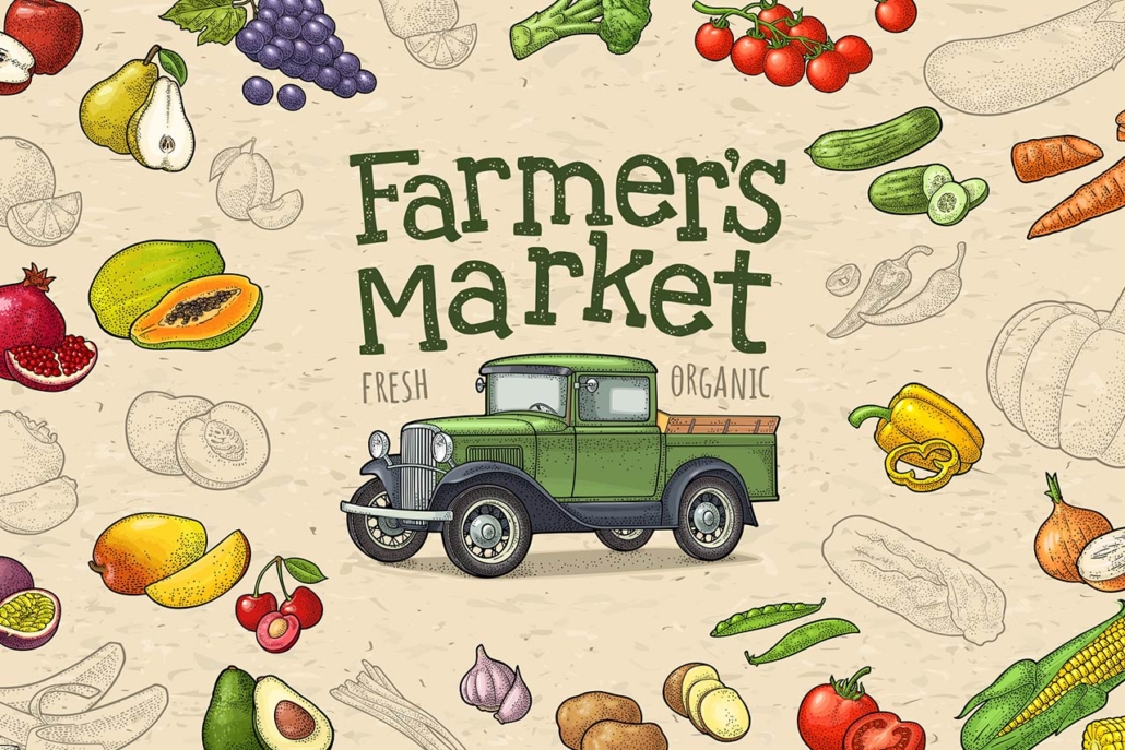 retro pickup truck and handwriting farmers market lettering