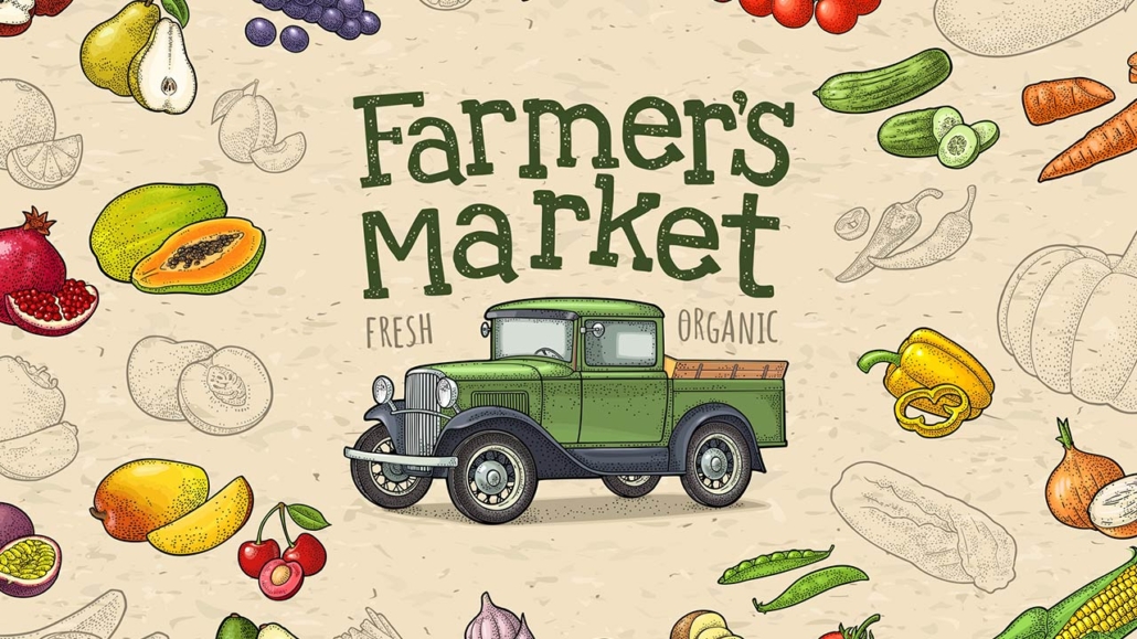 retro pickup truck and handwriting farmers market lettering