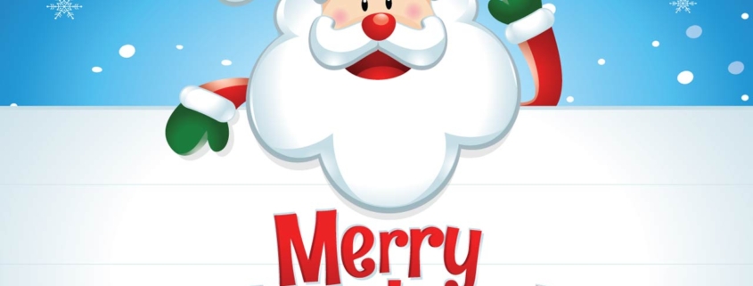 Merry Christmas! Santa Claus in blue sky vector graphic