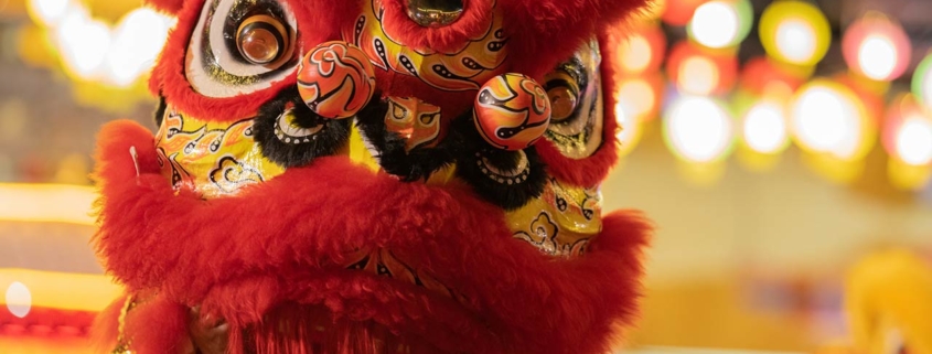 Performers mimic a lion's movements in a lion costume to bring good luck and fortune in Chinese New Year