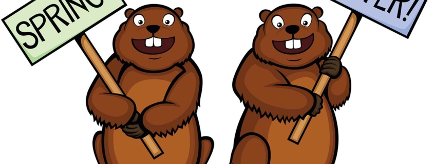 vector illustration of two cartoon groundhogs, one seeing his shadow and lobbying for winter, one hoping for spring