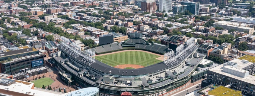 An aerial view of Major League Baseball's Chicago Cubs' Wrigley Field stadium