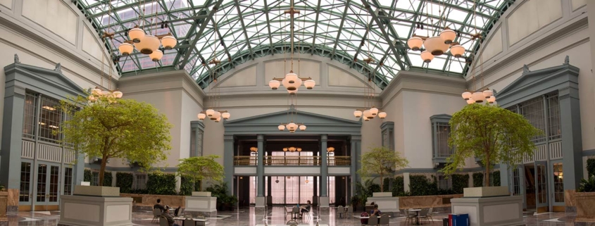 Scenic reading room beneath the glass roof of the Harold Washington Public Library in Chicago