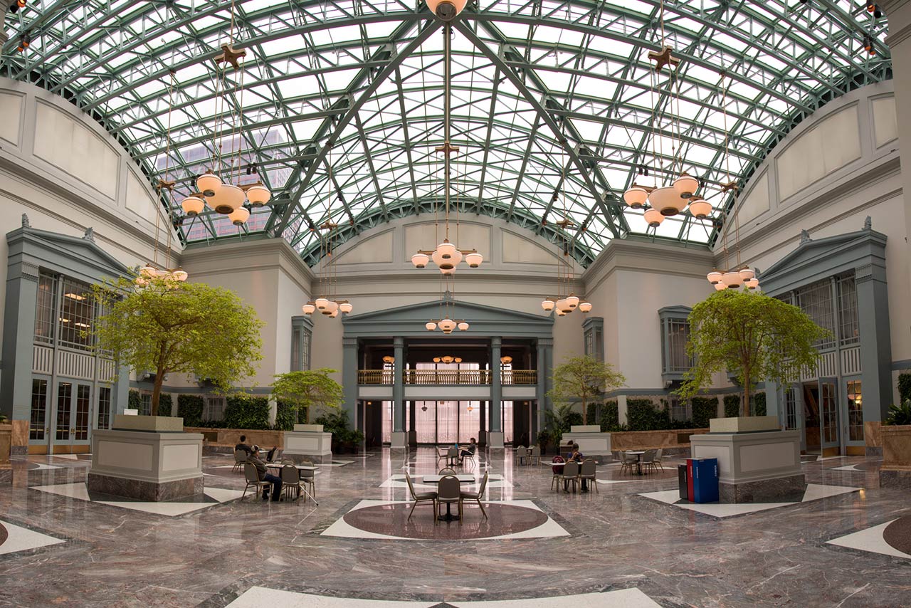 Scenic reading room beneath the glass roof of the Harold Washington Public Library in Chicago