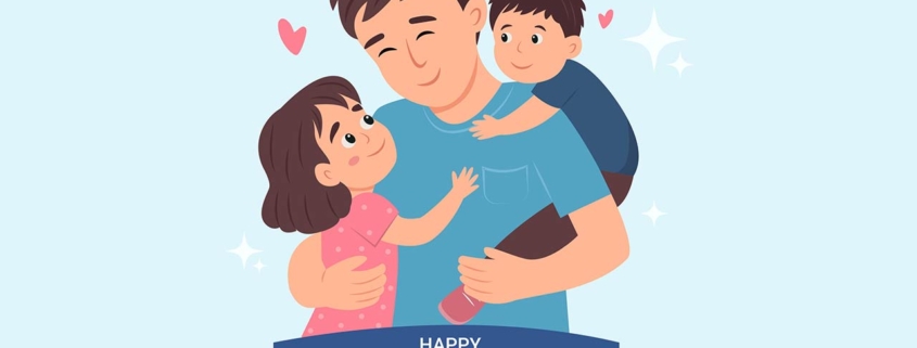 Father's Day card with cute illustrations of dad with son and daughter