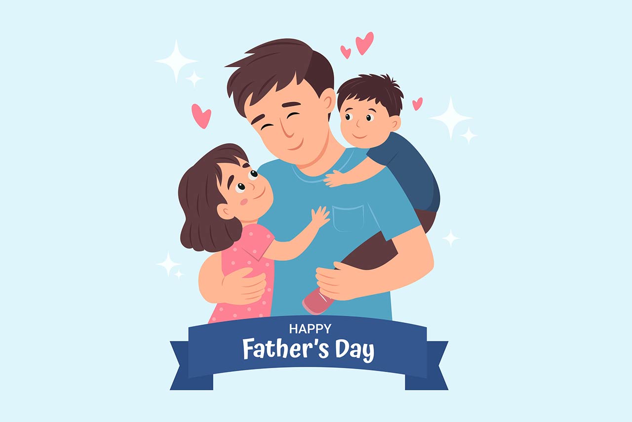 Father's Day card with cute illustrations of dad with son and daughter