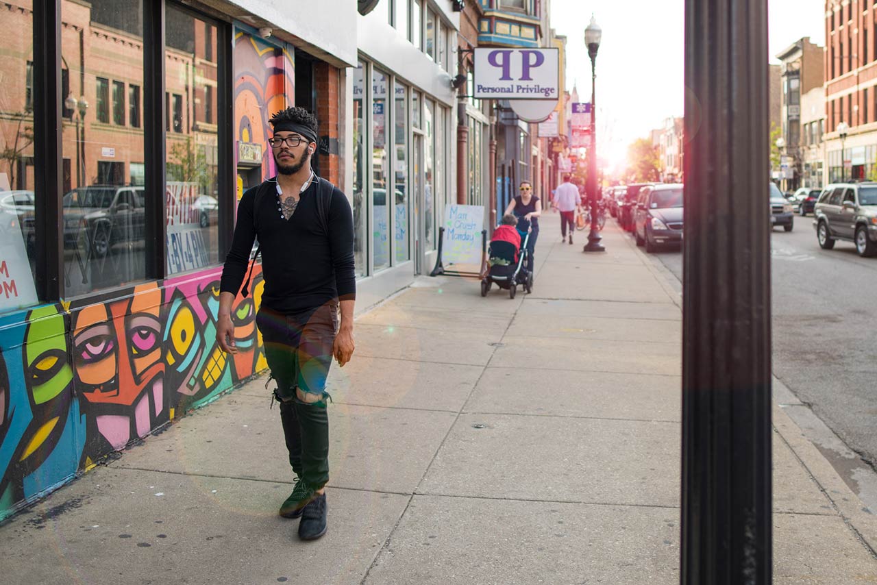 Young man walking in Wicker Park, Chicago stock photo