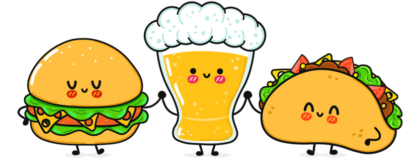 Cute, funny happy glass of beer taco hamburger vector graphic