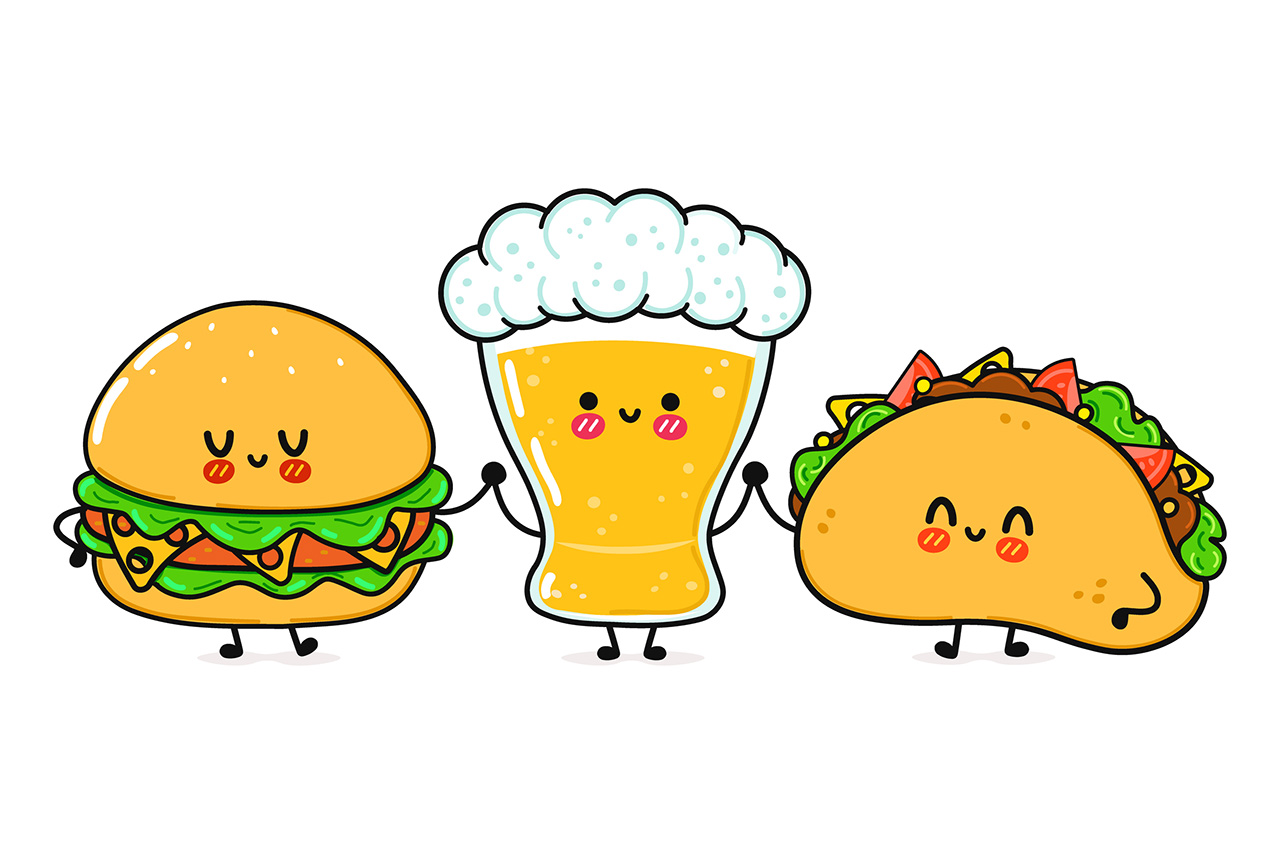 Cute, funny happy glass of beer taco hamburger vector graphic