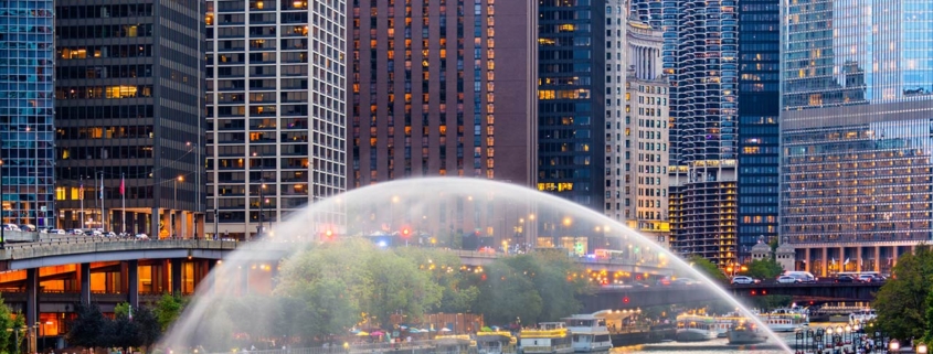 Chicago, Illinois riverfront and skyline at dusk