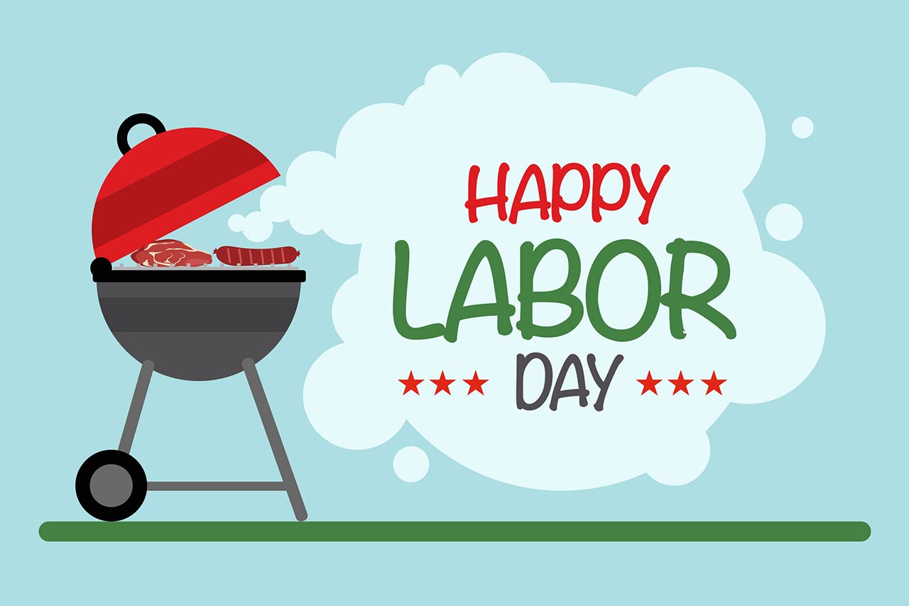 Vector design of barbecue grill and speech bubble saying Happy Labor Day on blue background