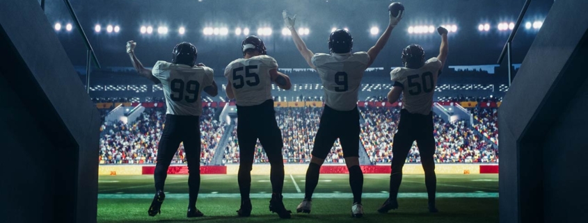 Diverse American Football Players Walking Out of a Stadium Tunnel