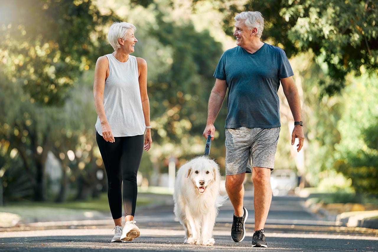 Love, wellness and pet with old man and senior woman in outdoor morning walk together