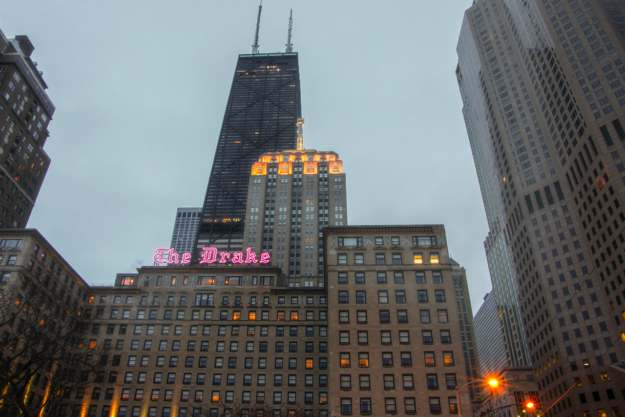 Downtown Chicago Skyline at Dawn with the Drake Hotel