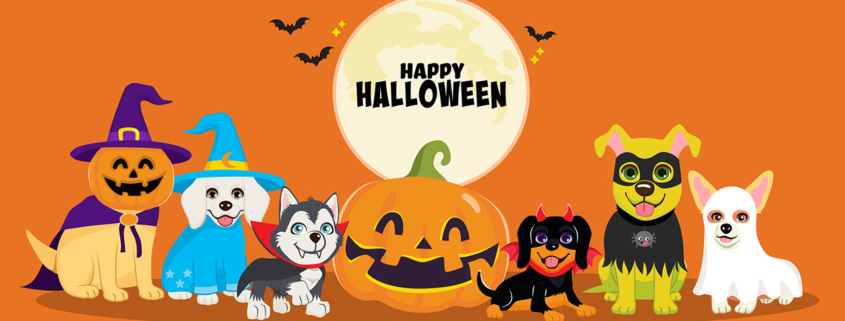 Vector illustration of dogs with Halloween costumes celebrating holiday