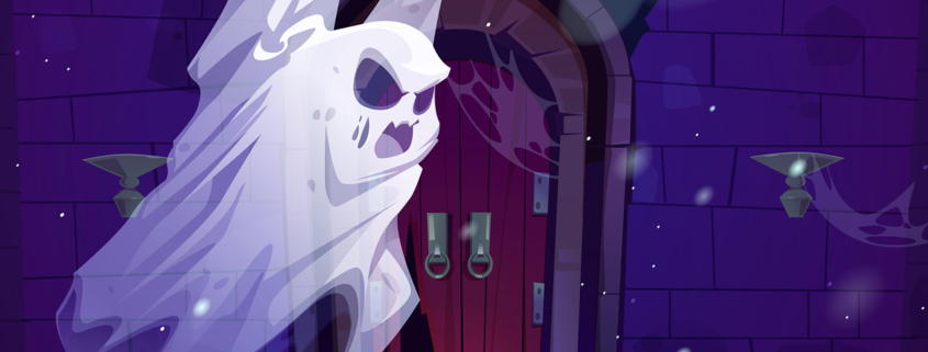 Vector cartoon illustration of abandoned medieval gungeon with spooky angry spirit at night