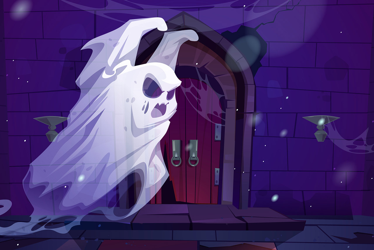 Vector cartoon illustration of abandoned medieval gungeon with spooky angry spirit at night