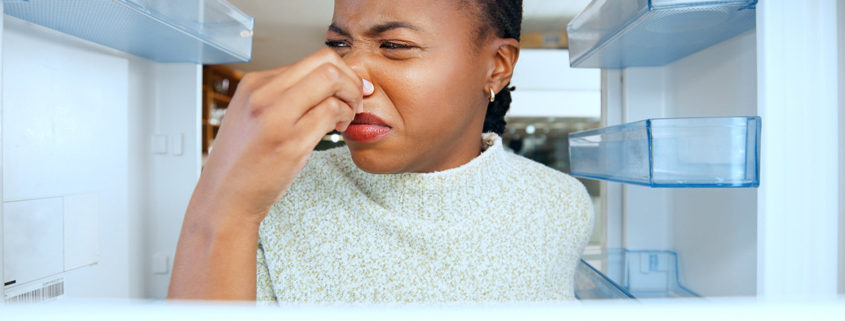 Woman, cover nose and stink at fridge door, disgust and stress for dirt, germs or bacteria in home.