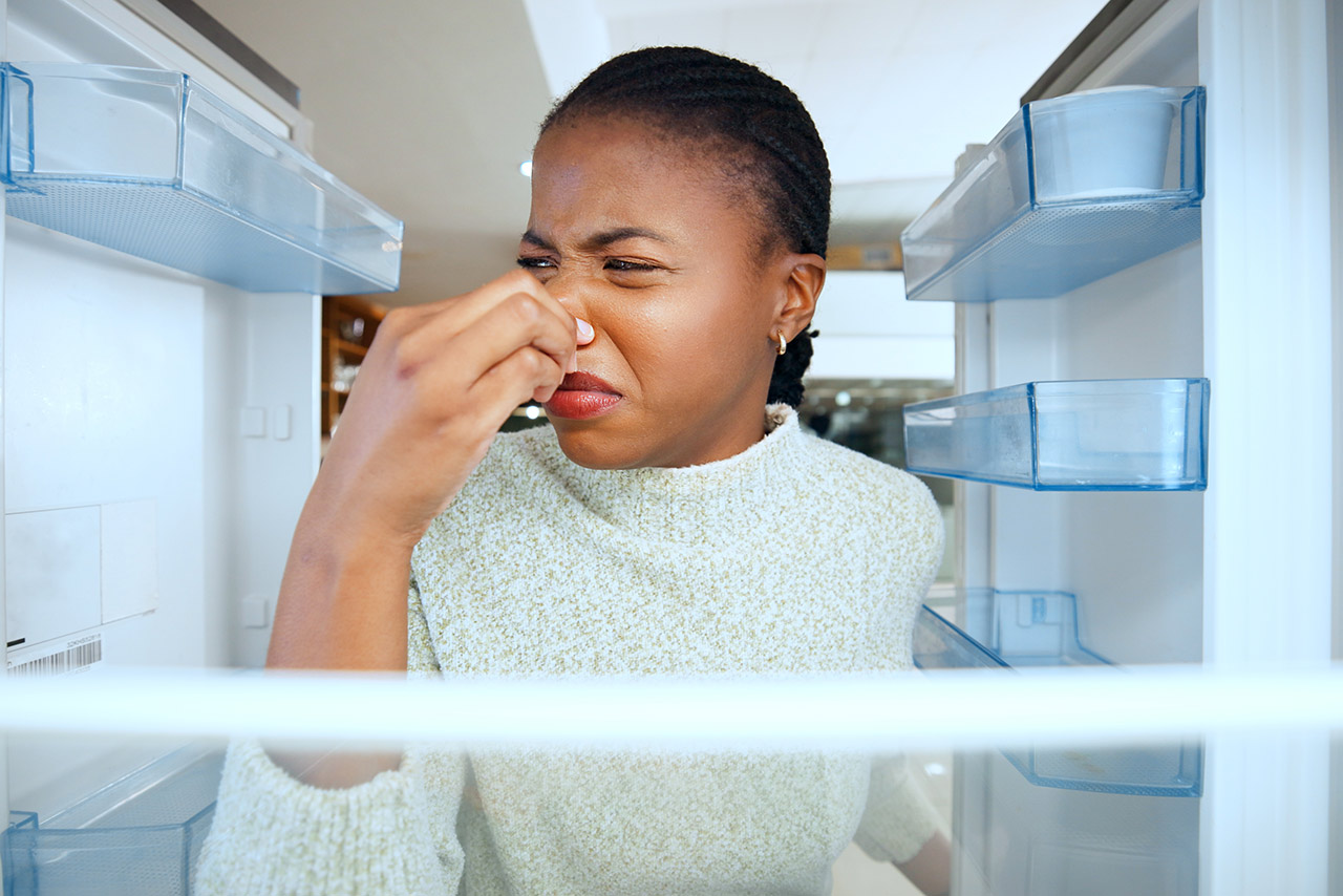 Woman, cover nose and stink at fridge door, disgust and stress for dirt, germs or bacteria in home.