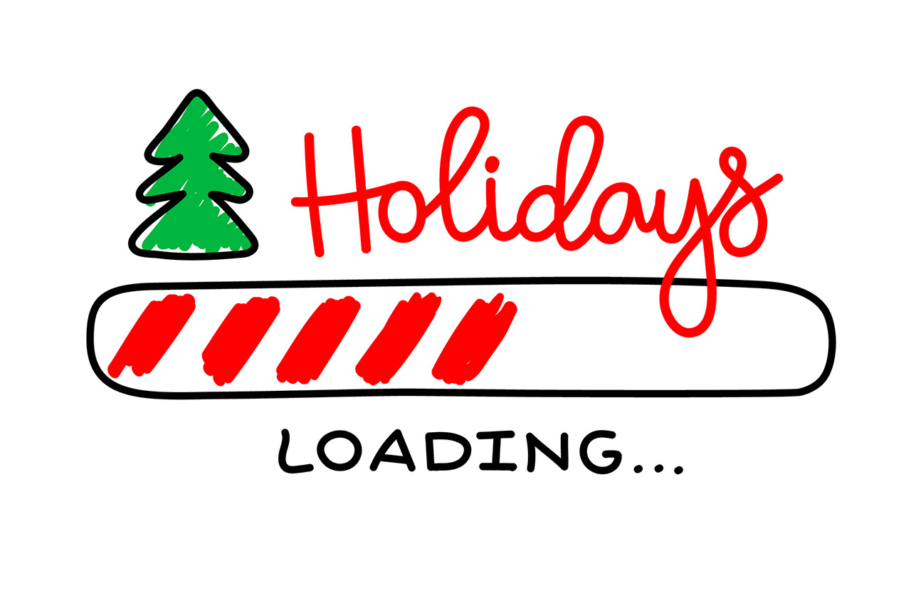 Progress bar with inscription - Holidays loading and doodle christmas tree in sketchy style