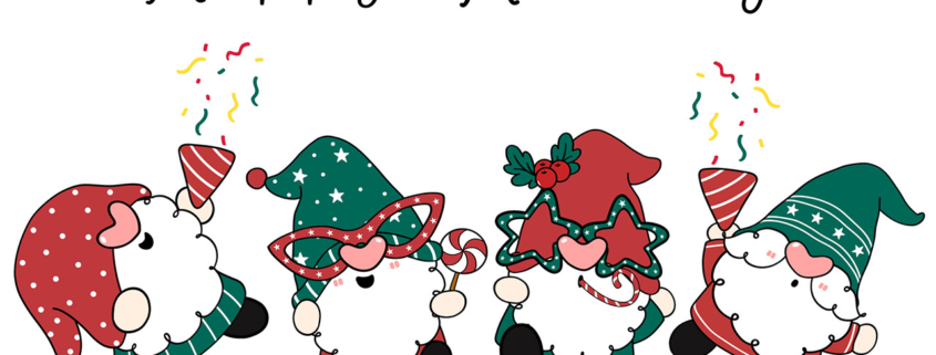 Group of four happy cute Christmas gnomes in party theme, Happy Holidays, cartoon hand drawn doodle flat vector